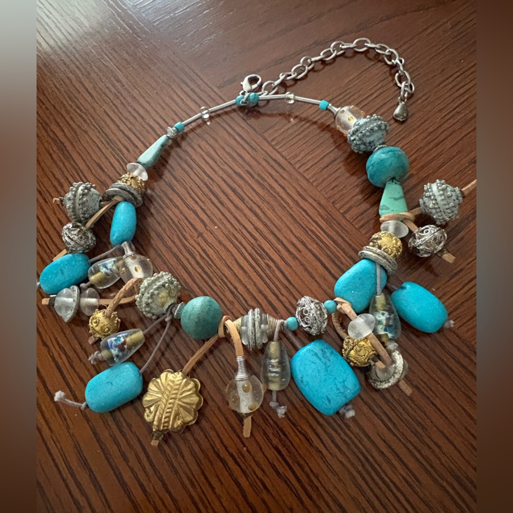 Turquoise and Multiple Beads with Suede Strips Necklace.